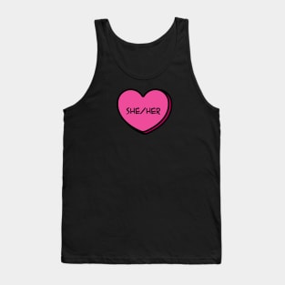 Pronoun She/Her Conversation Heart in Pink Tank Top